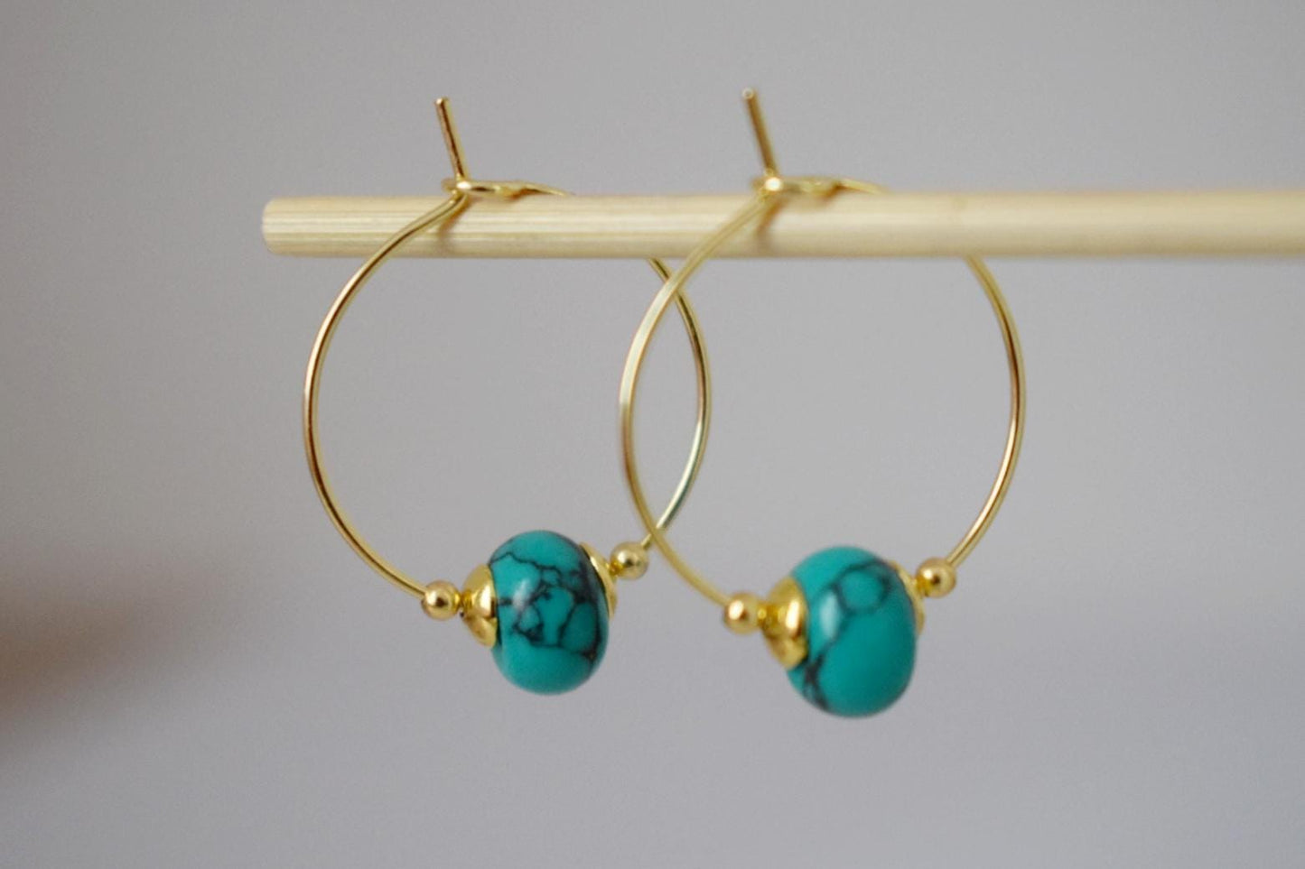 Turquoise hoop earrings, Minimalist gemstone hoops, Turquoise beads, 18k Gold plated stainless steel, Handmade jewelry, Gift for her