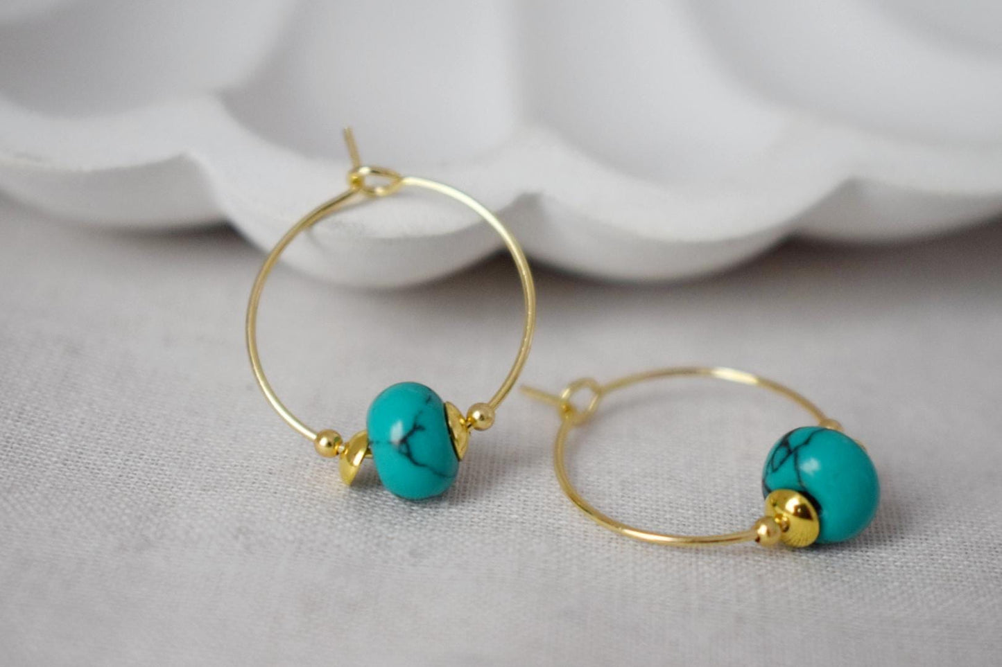 Turquoise hoop earrings, Minimalist gemstone hoops, Turquoise beads, 18k Gold plated stainless steel, Handmade jewelry, Gift for her