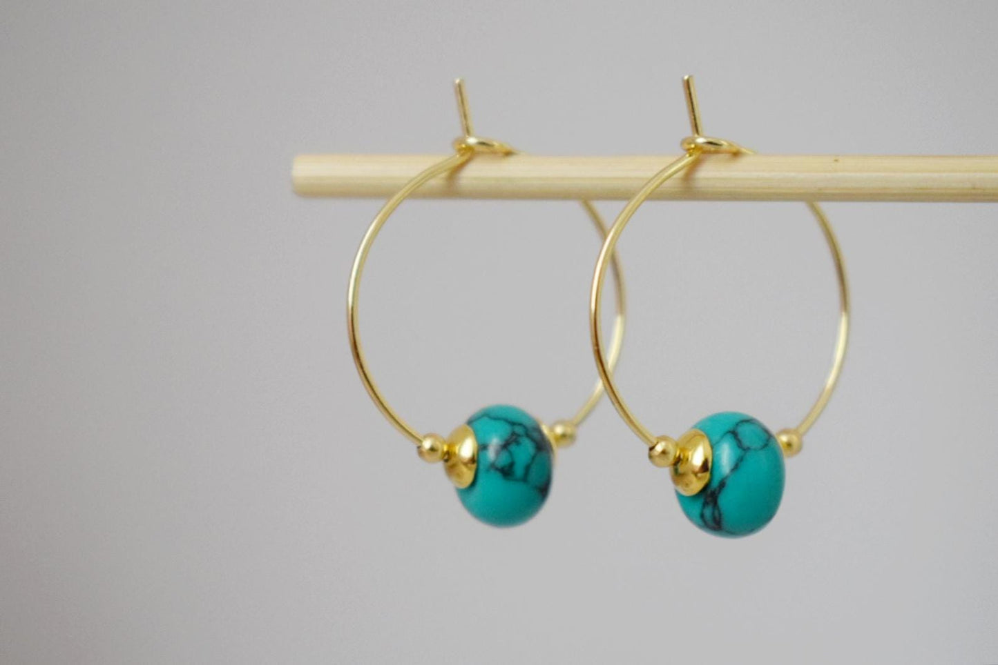 Turquoise hoop earrings, Minimalist gemstone hoops, Turquoise beads, 18k Gold plated stainless steel, Handmade jewelry, Gift for her