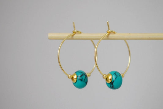 Turquoise hoop earrings, Minimalist gemstone hoops, Turquoise beads, 18k Gold plated stainless steel, Handmade jewelry, Gift for her