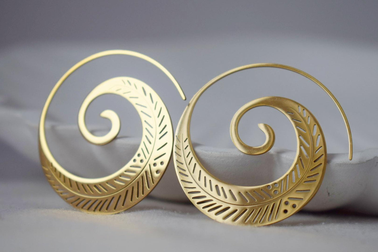 Ornament spiral hoop earrings for women, Vortex golden earrings, Stainless steel earrings, Boho filigree jewelry, Unique gift for her