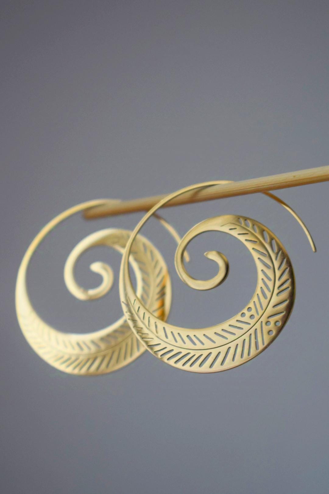 Ornament spiral hoop earrings for women, Vortex golden earrings, Stainless steel earrings, Boho filigree jewelry, Unique gift for her
