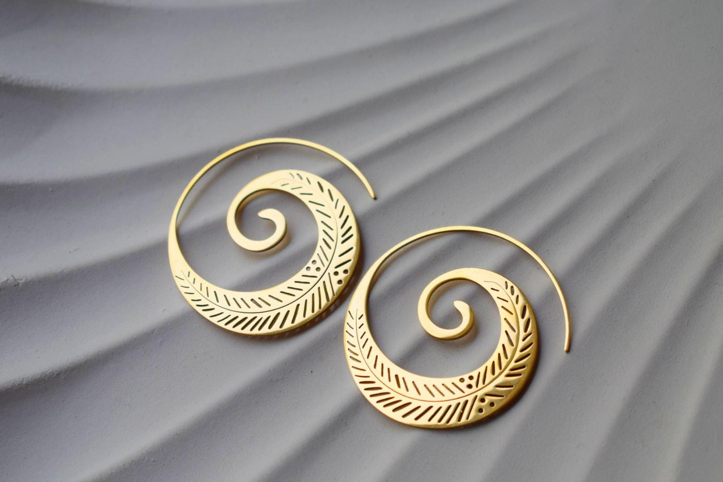 Ornament spiral hoop earrings for women, Vortex golden earrings, Stainless steel earrings, Boho filigree jewelry, Unique gift for her