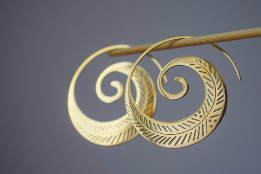 Ornament spiral hoop earrings for women, Vortex golden earrings, Stainless steel earrings, Boho filigree jewelry, Unique gift for her