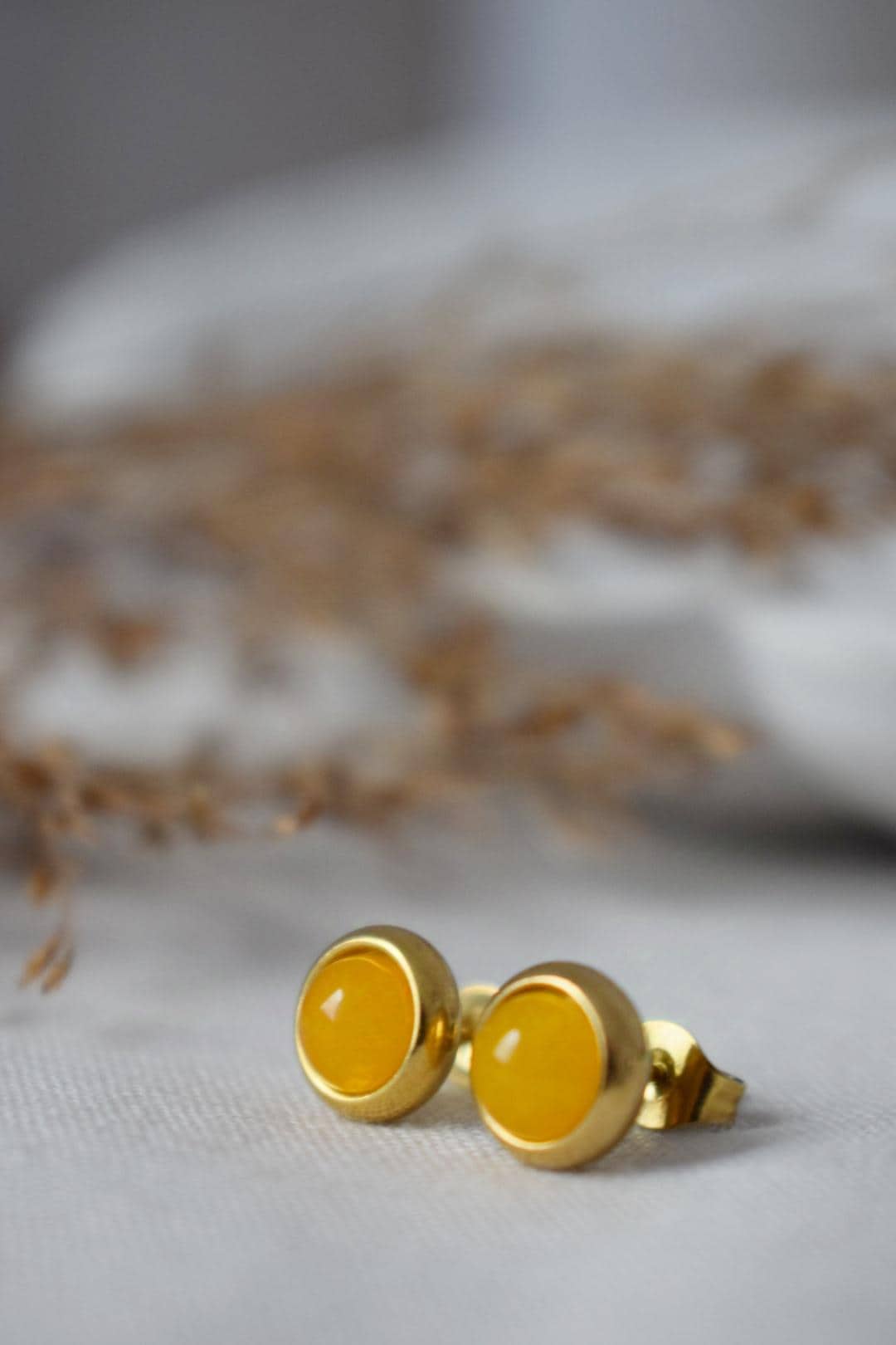 Mini Yellow Jade Stud Earrings, Small gemstone push back earrings, Everyday post earrings, Gold yellow stone, Minimalist jewelry gift women