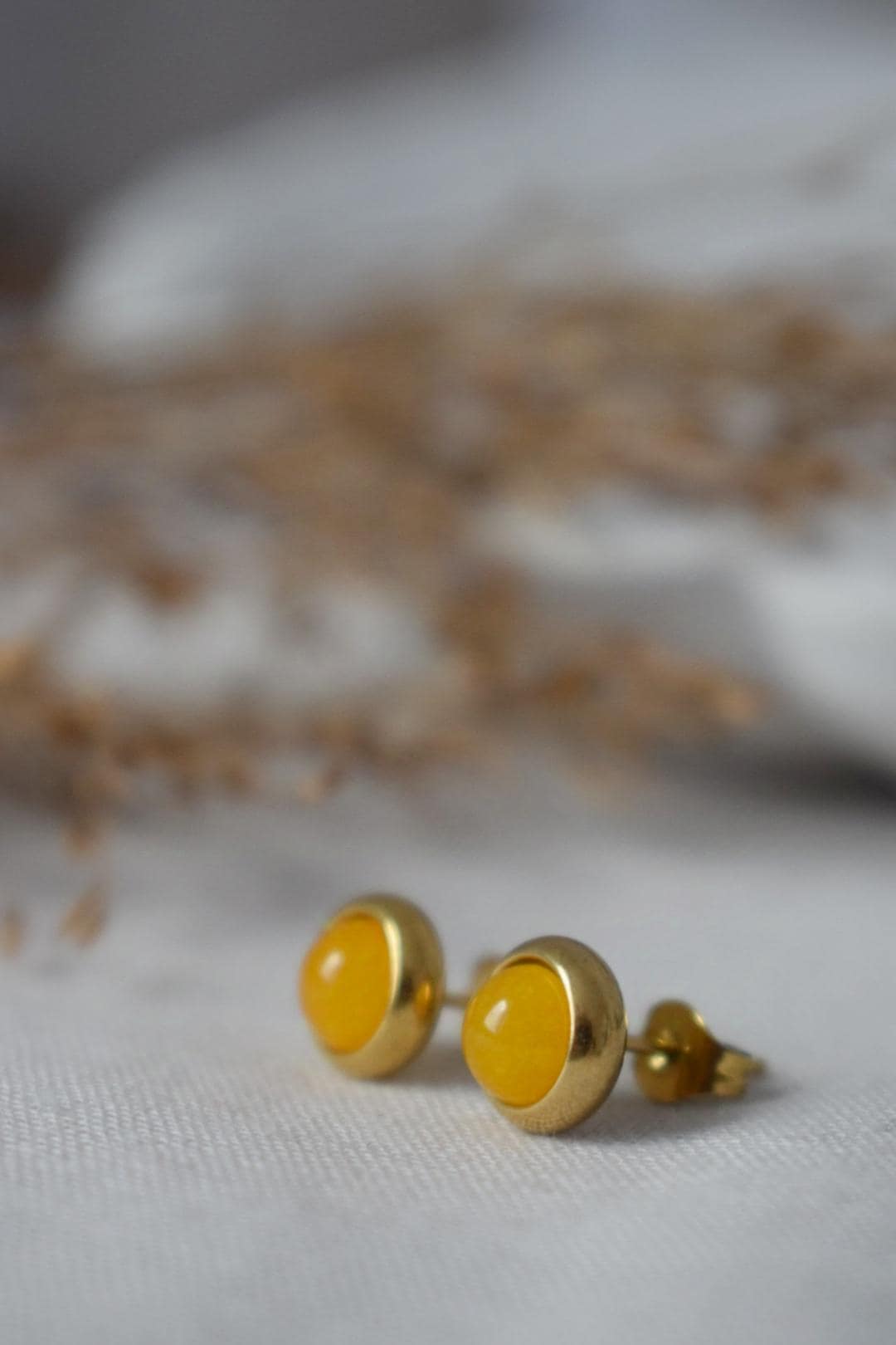 Mini Yellow Jade Stud Earrings, Small gemstone push back earrings, Everyday post earrings, Gold yellow stone, Minimalist jewelry gift women