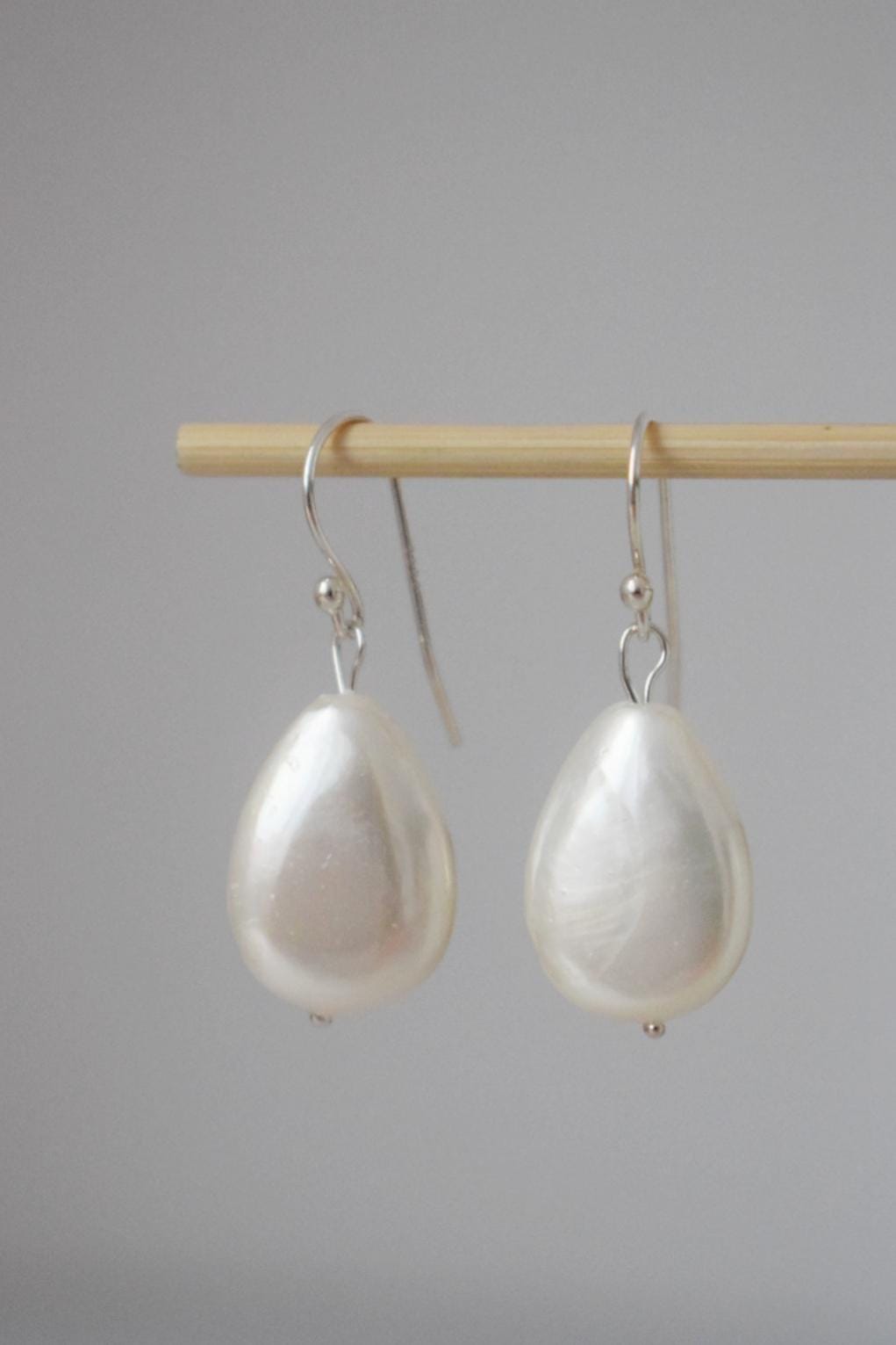 Natural Freshwater Shell earrings, Teardrop Sterling Silver Earrings, Simple Pearl Drop Wedding Earrings, Bridesmaid Gifts