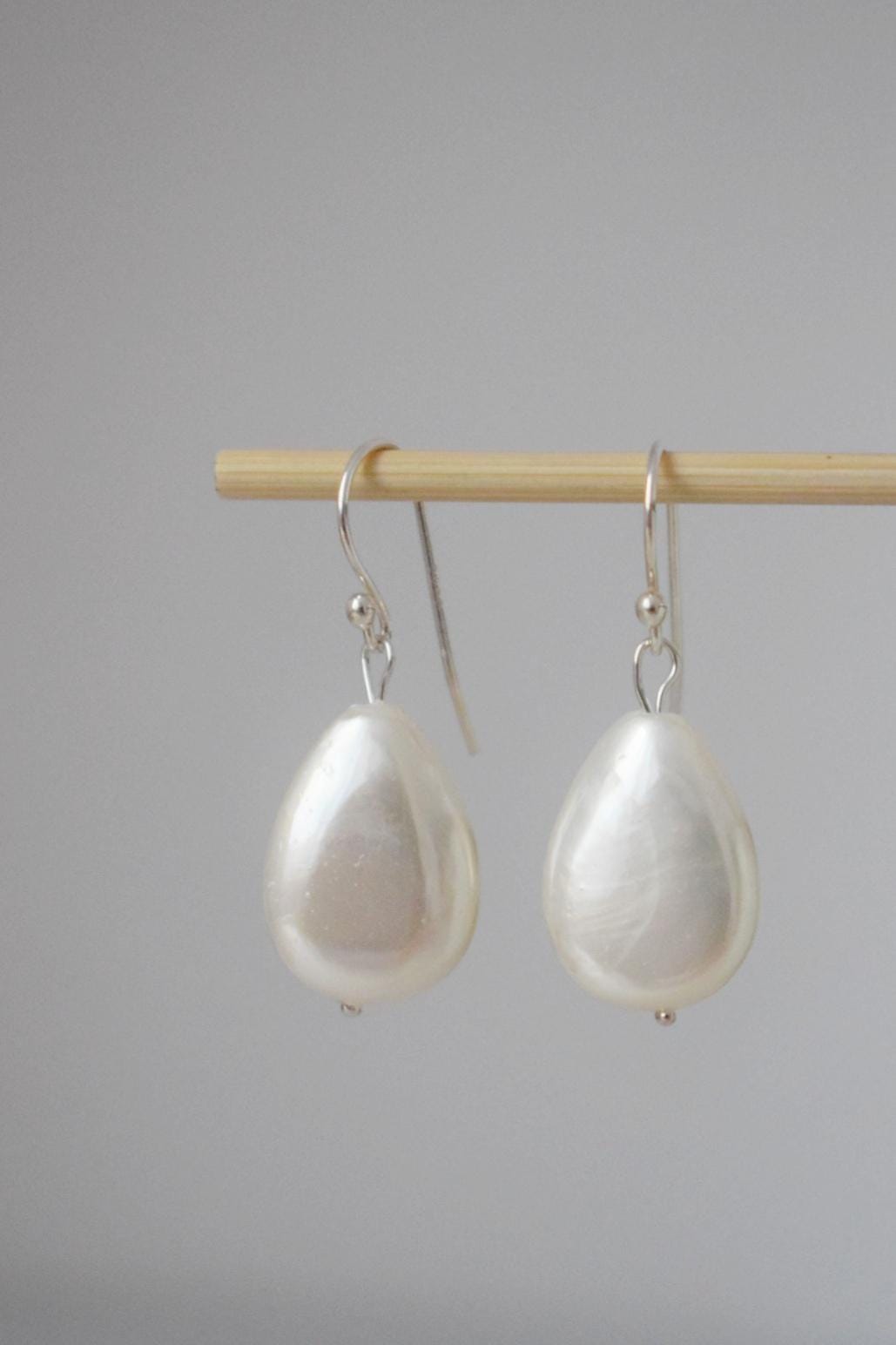 Natural Freshwater Shell earrings, Teardrop Sterling Silver Earrings, Simple Pearl Drop Wedding Earrings, Bridesmaid Gifts
