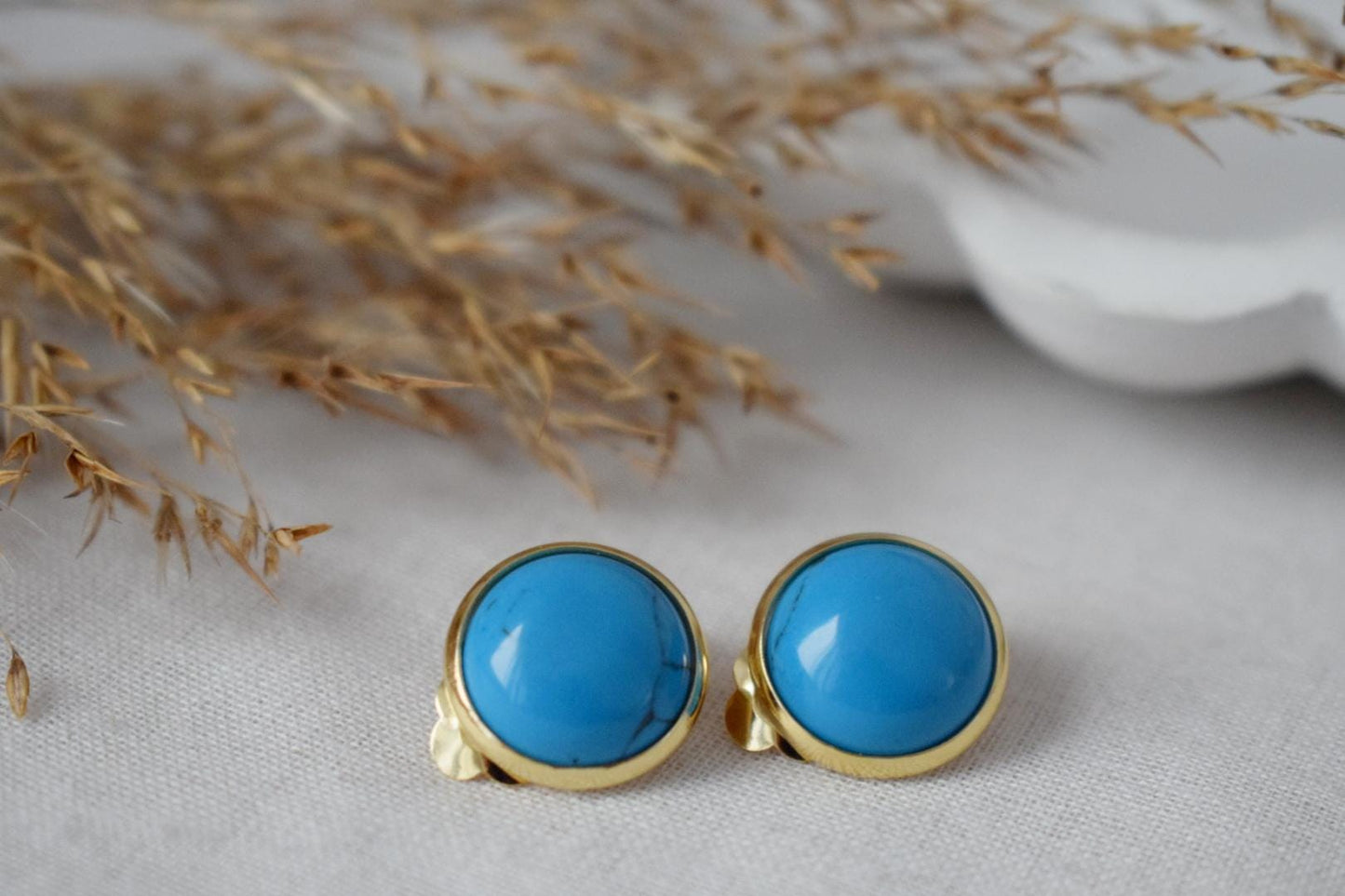 Turquoise clip on earrings, Blue gemstone ear clips, Turquoise jewelry, Non pierced earrings, No hole earrings, Handmade jewelry gift