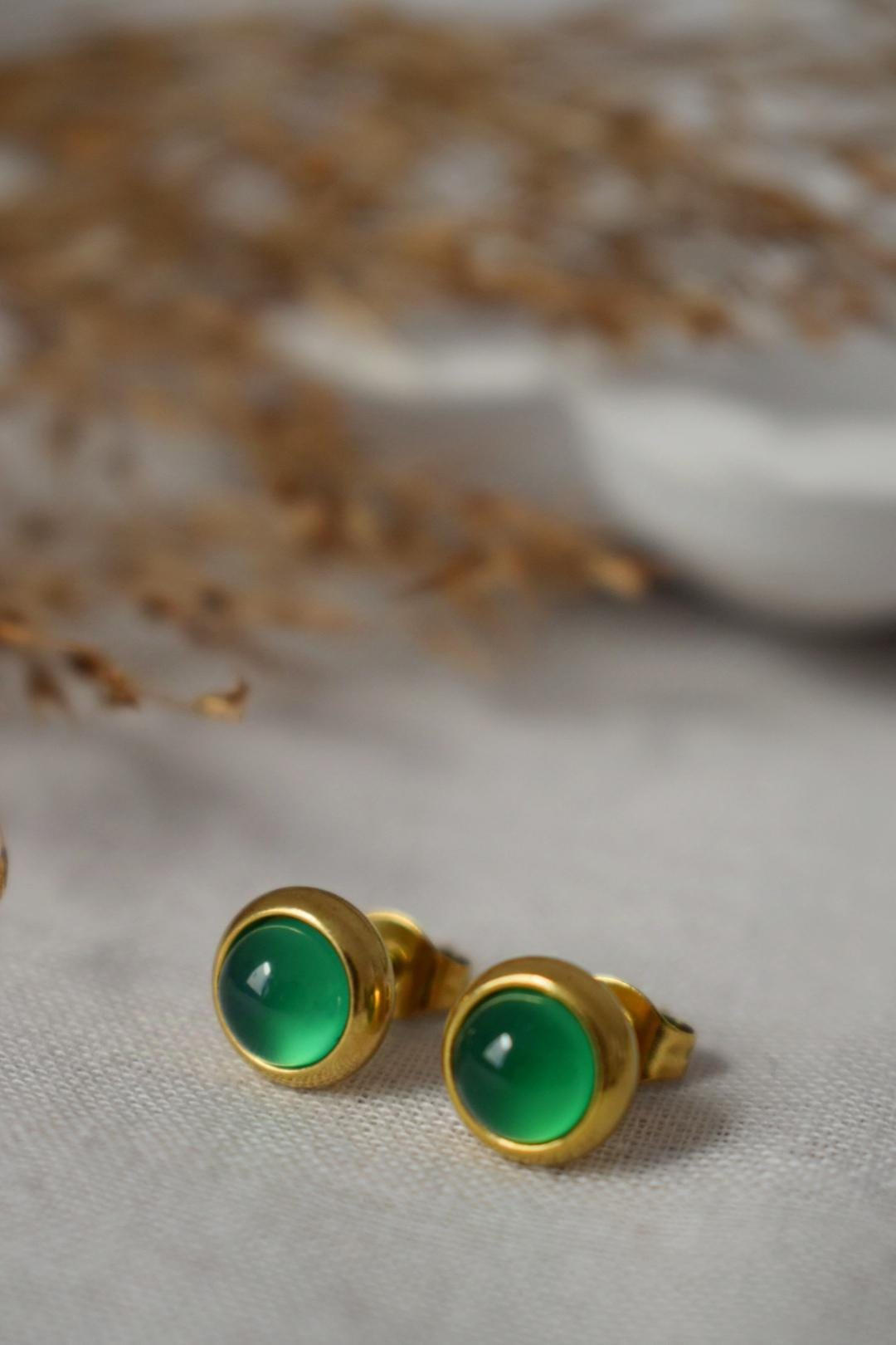 Mini Green Agate Stud Earrings, 6mm Gemstone Stud Earrings, Small Round Earrings, Minimalist Birthstone Jewelry, Birthday gift for her