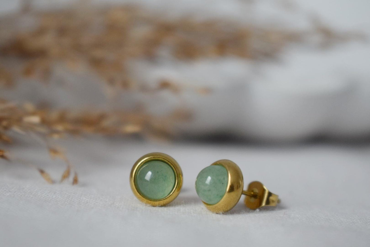 Mini Green Aventurine Stud Earrings, Gemstone Small Earrings, Gold plated stainless steel, Minimalist Birthstone Jewelry, Gift for her