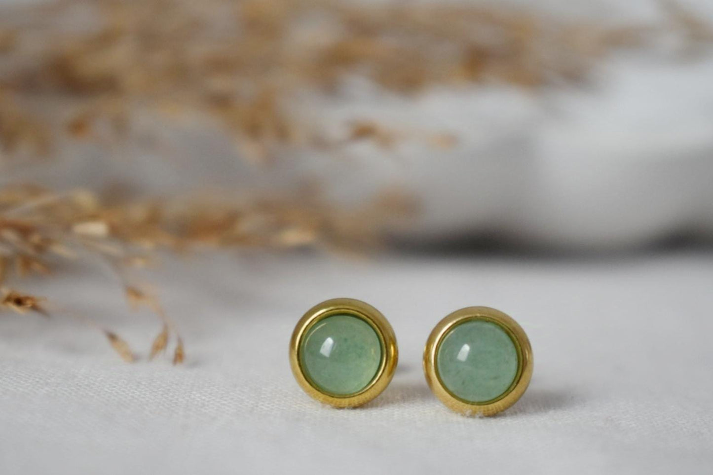 Mini Green Aventurine Stud Earrings, Gemstone Small Earrings, Gold plated stainless steel, Minimalist Birthstone Jewelry, Gift for her