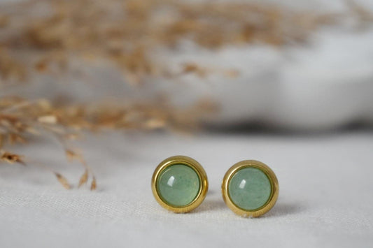 Mini Green Aventurine Stud Earrings, Gemstone Small Earrings, Gold plated stainless steel, Minimalist Birthstone Jewelry, Gift for her