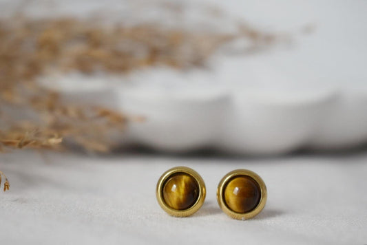 Mini Tiger Eye Stud Earrings, Gold Plated Gemstone 6mm Earrings, Small Brown Stone, Minimalist Tigers Eye Chakra Jewelry, Gift For Her