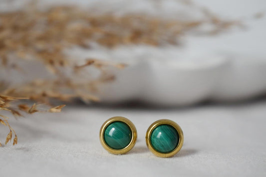Mini Natural Malachite Stud Earrings, Small Green Gemstone Earrings, Push Back Earrings, Lightweight, Minimalist Birthstone Jewelry Gift