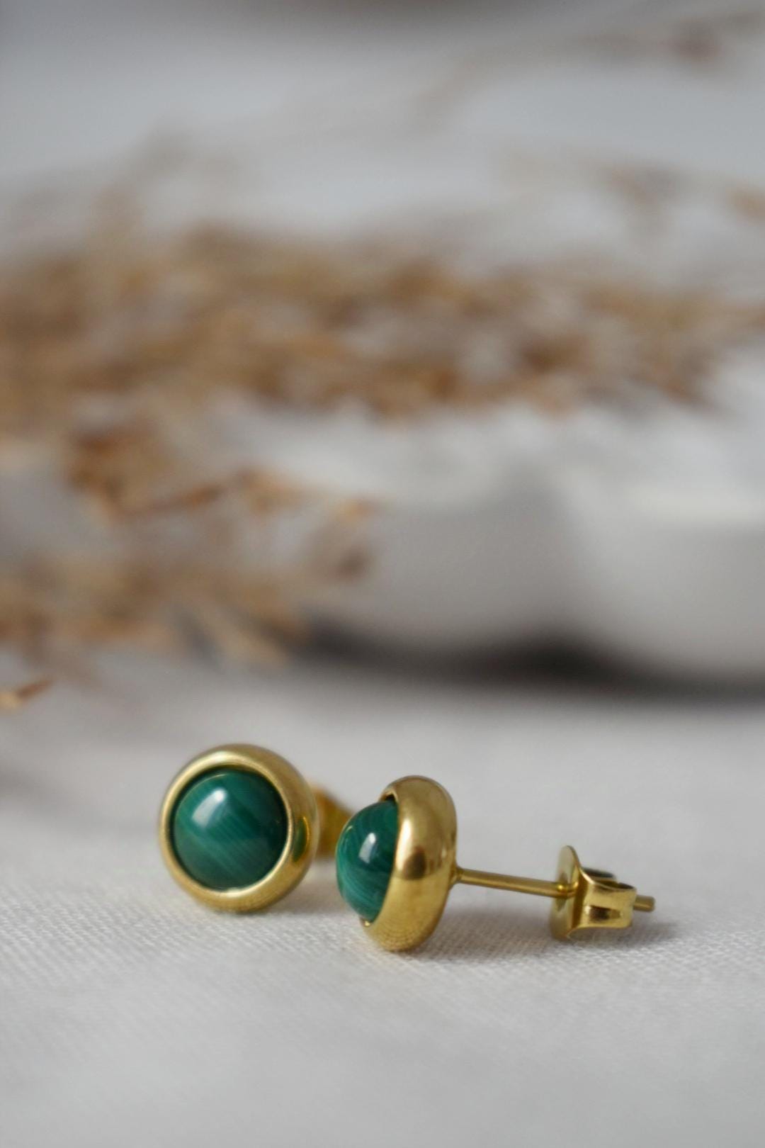 Mini Natural Malachite Stud Earrings, Small Green Gemstone Earrings, Push Back Earrings, Lightweight, Minimalist Birthstone Jewelry Gift