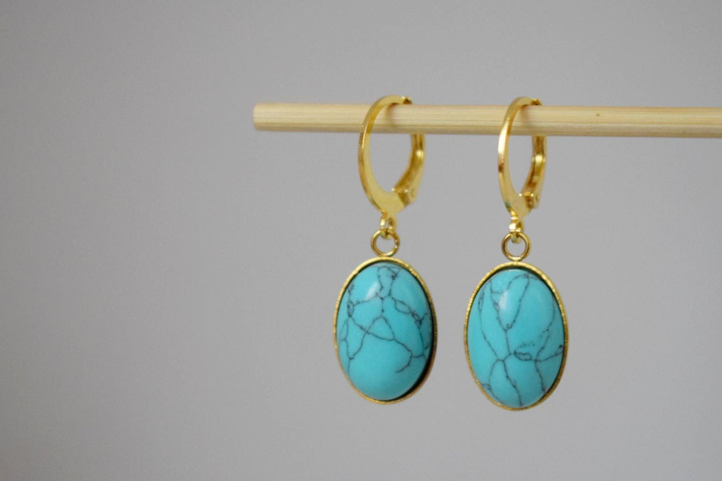 Turquoise Huggie Hoop Earrings, Oval Blue Gemstone Hangings, Boho Dangle Lightweight Earrings, Unique Minimalist Jewelry, Best Gift For Her