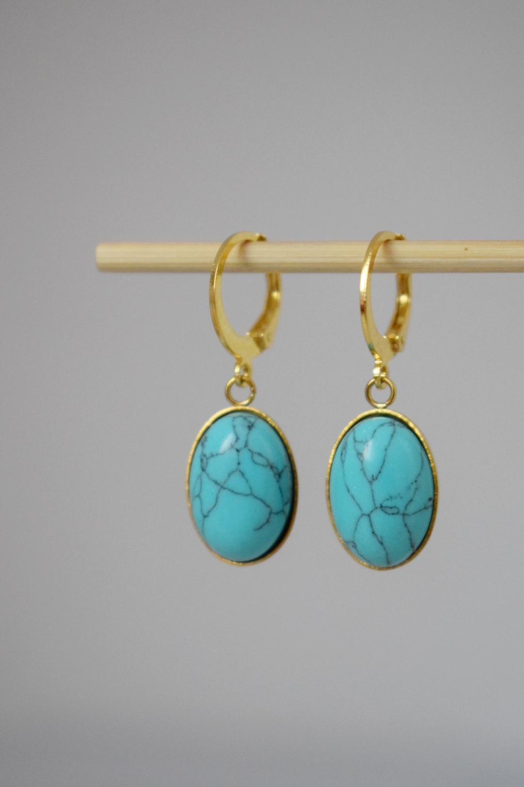 Turquoise Huggie Hoop Earrings, Oval Blue Gemstone Hangings, Boho Dangle Lightweight Earrings, Unique Minimalist Jewelry, Best Gift For Her