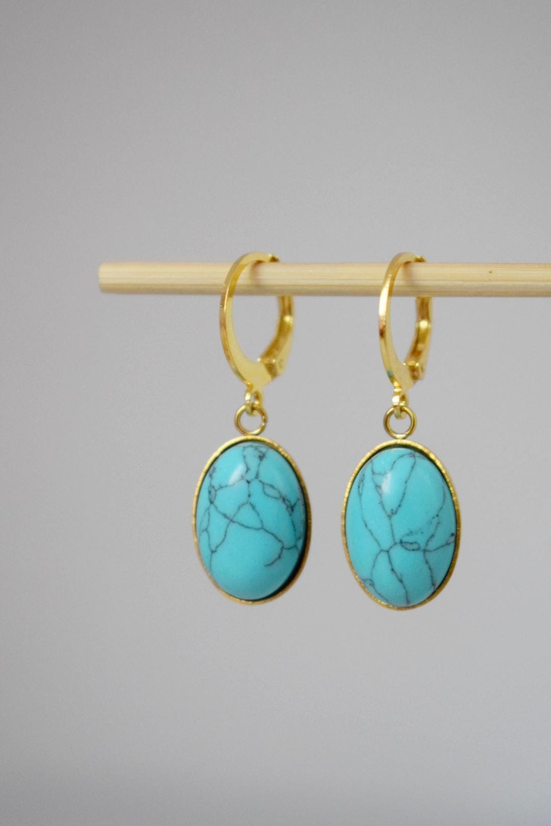 Turquoise Huggie Hoop Earrings, Oval Blue Gemstone Hangings, Boho Dangle Lightweight Earrings, Unique Minimalist Jewelry, Best Gift For Her