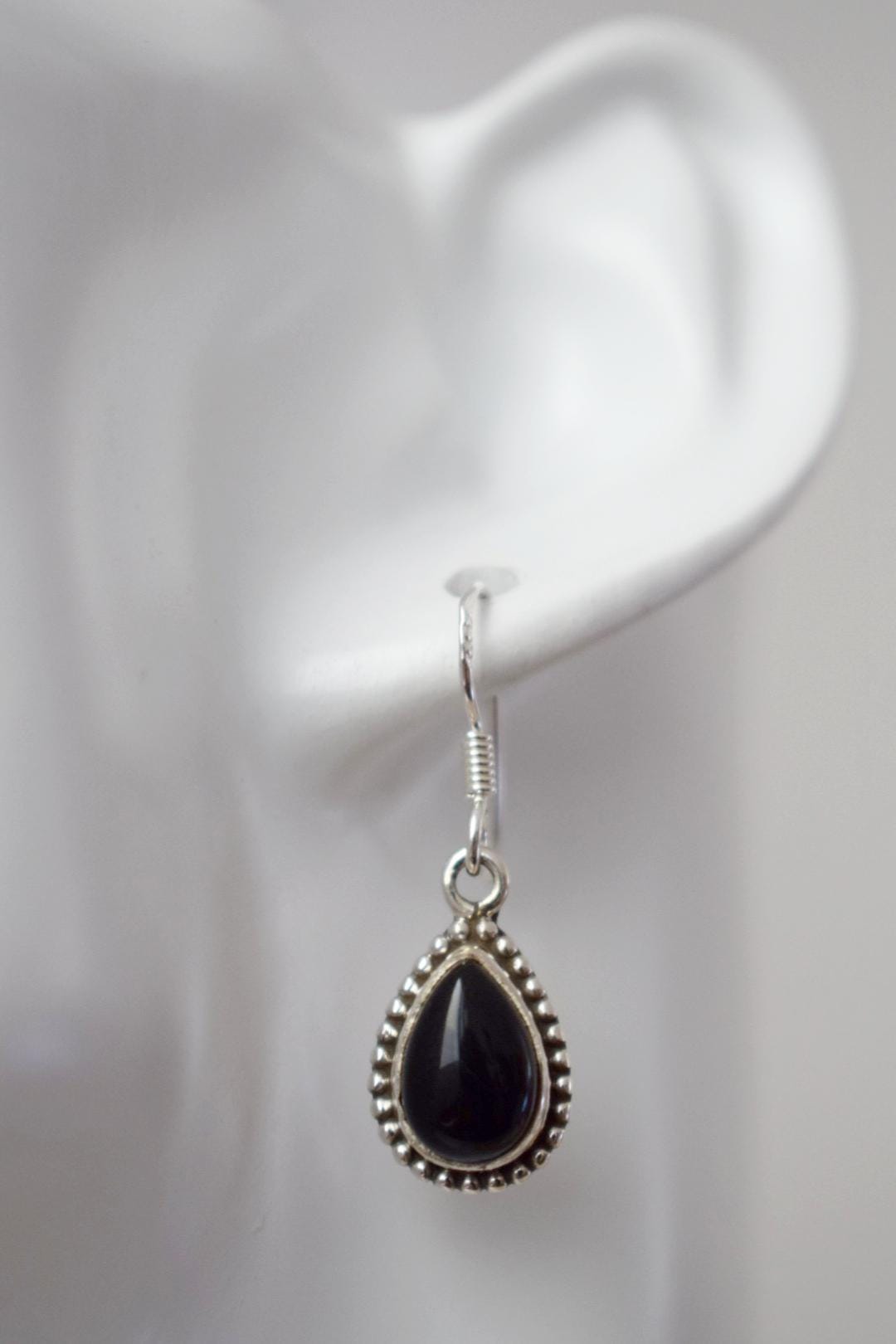 Black Onyx earrings sterling silver, Small teardrop gemstone dangle earrings, Boho chic gift, Handmade jewelry for her, Valentine's day gift