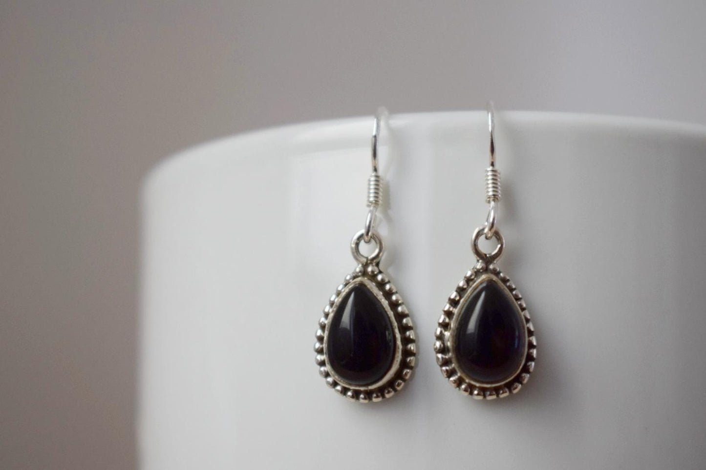 Black Onyx earrings sterling silver, Small teardrop gemstone dangle earrings, Boho chic gift, Handmade jewelry for her, Valentine's day gift