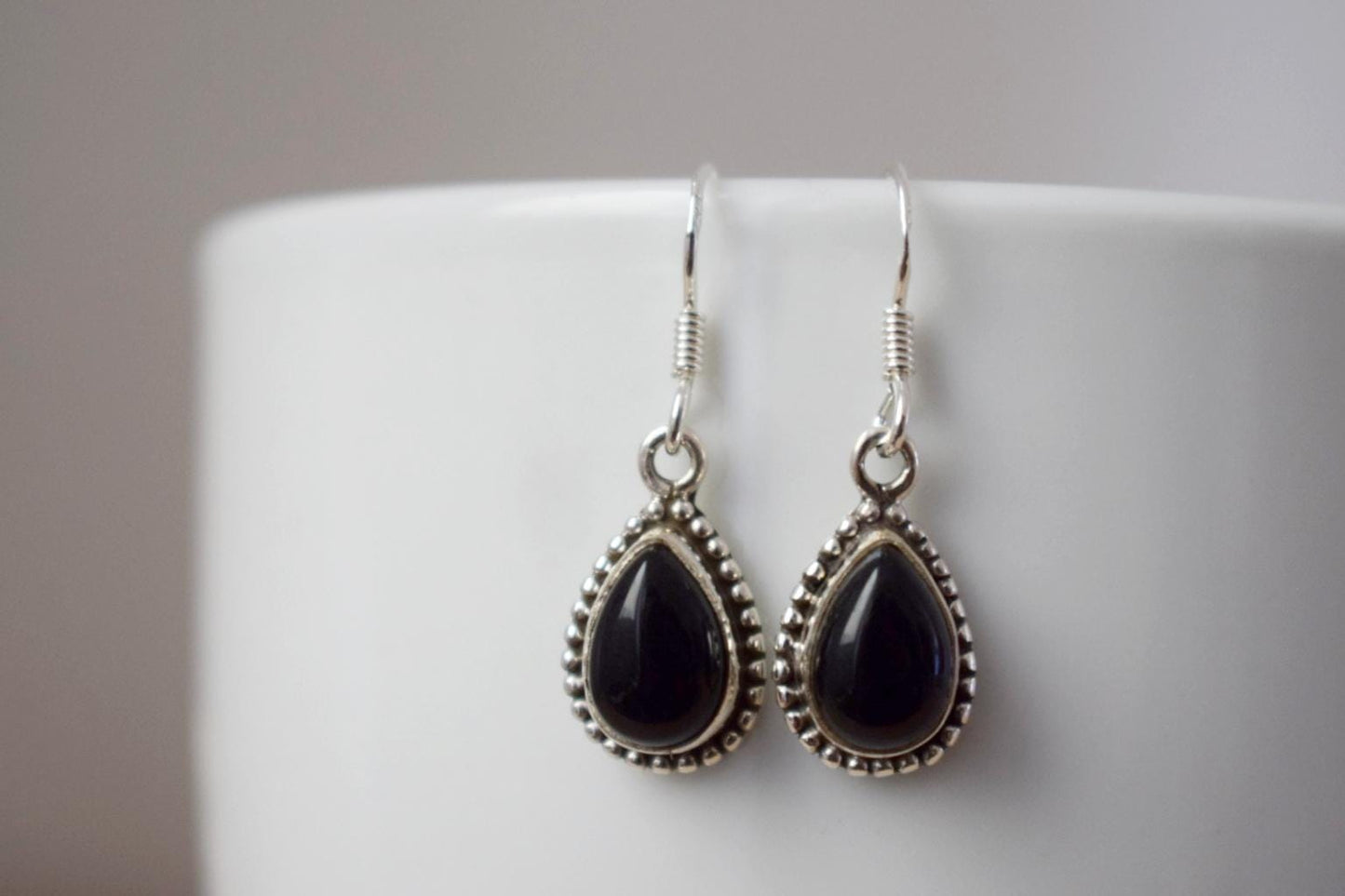 Black Onyx earrings sterling silver, Small teardrop gemstone dangle earrings, Boho chic gift, Handmade jewelry for her, Valentine's day gift