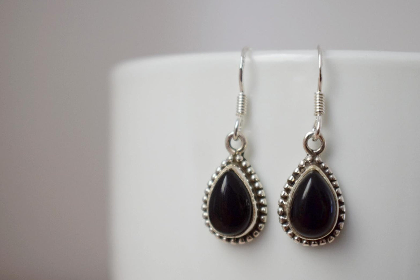 Black Onyx earrings sterling silver, Small teardrop gemstone dangle earrings, Boho chic gift, Handmade jewelry for her, Valentine's day gift