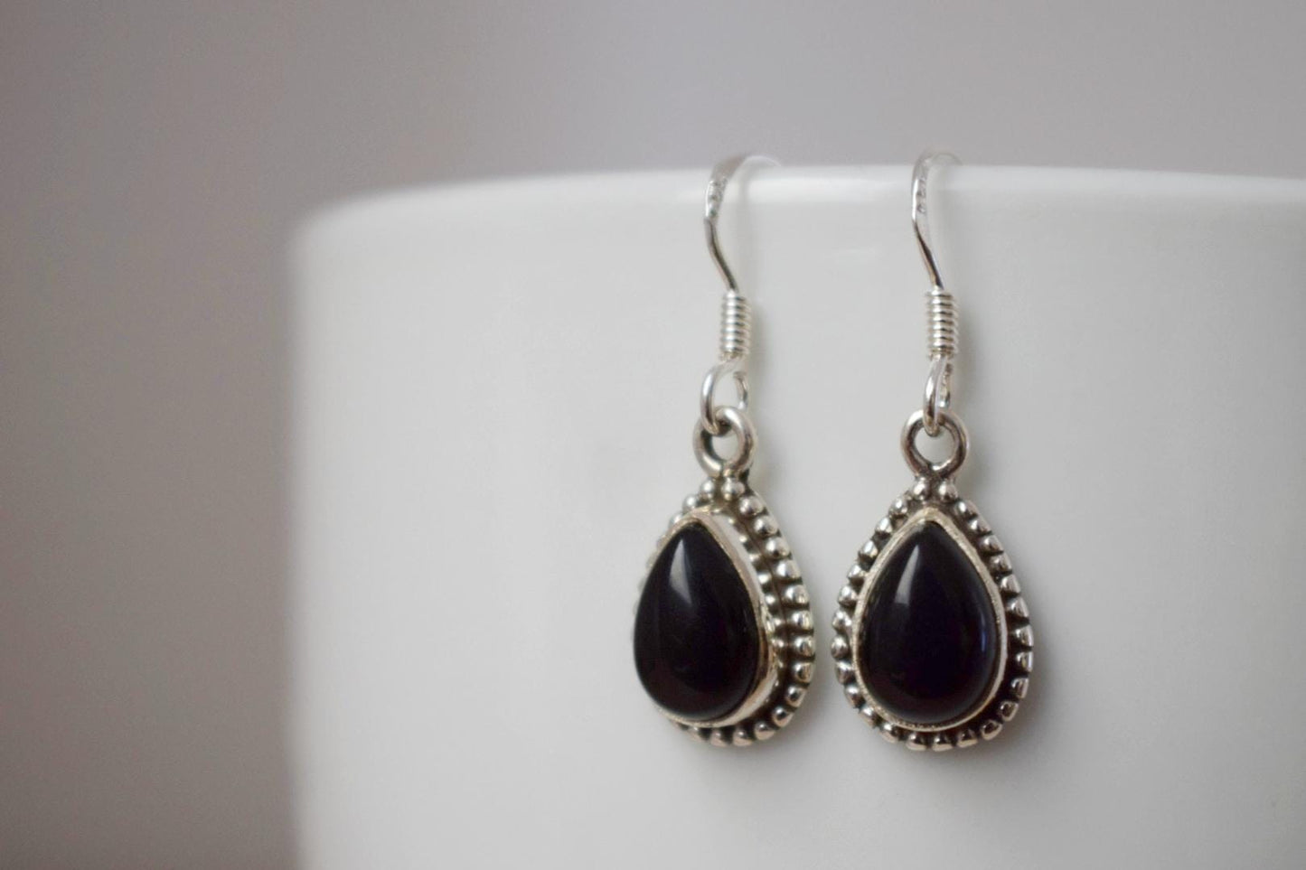 Black Onyx earrings sterling silver, Small teardrop gemstone dangle earrings, Boho chic gift, Handmade jewelry for her, Valentine's day gift