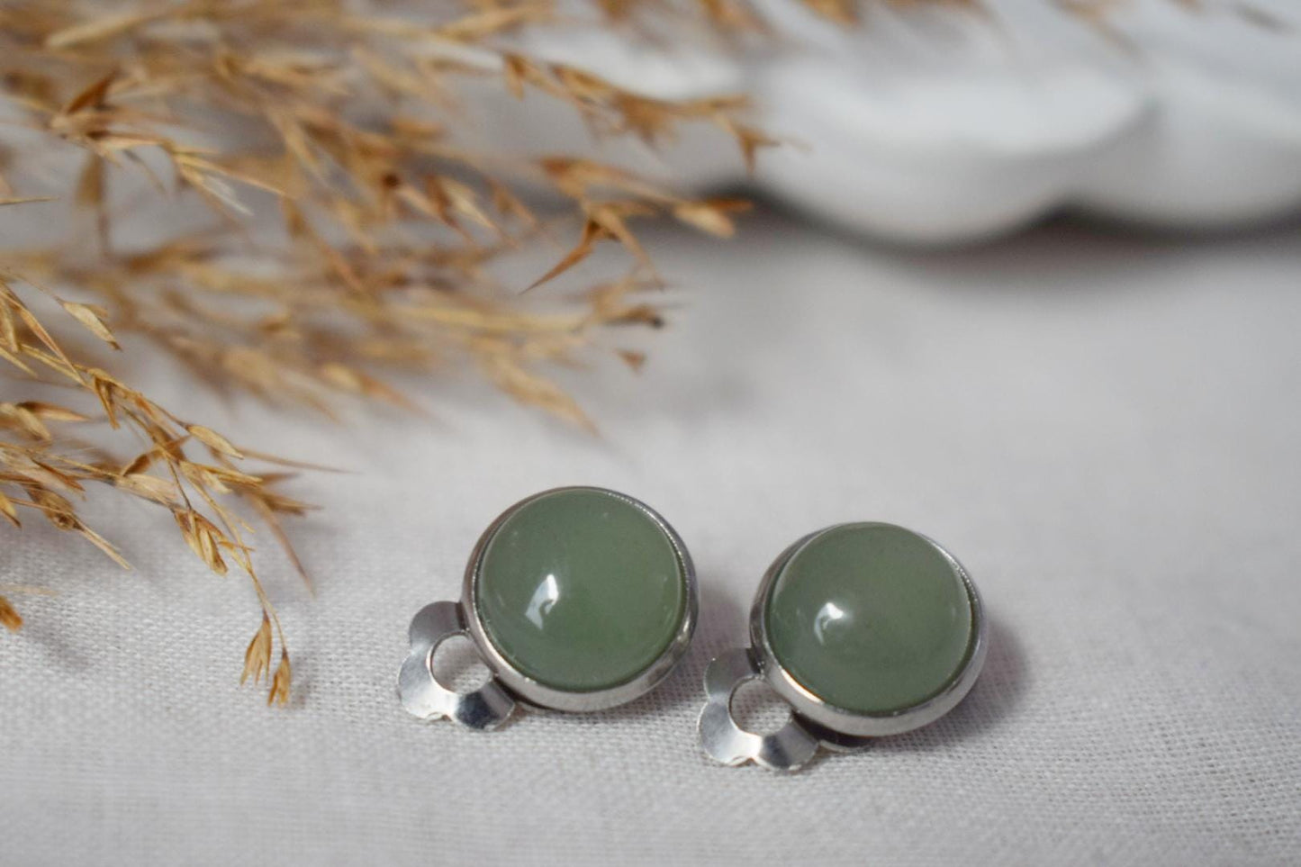 Green aventurine clip on earrings for women, Small gemstone ear clips, Surgical stainless steel, Natural stone, Non pierced jewelry, Gift