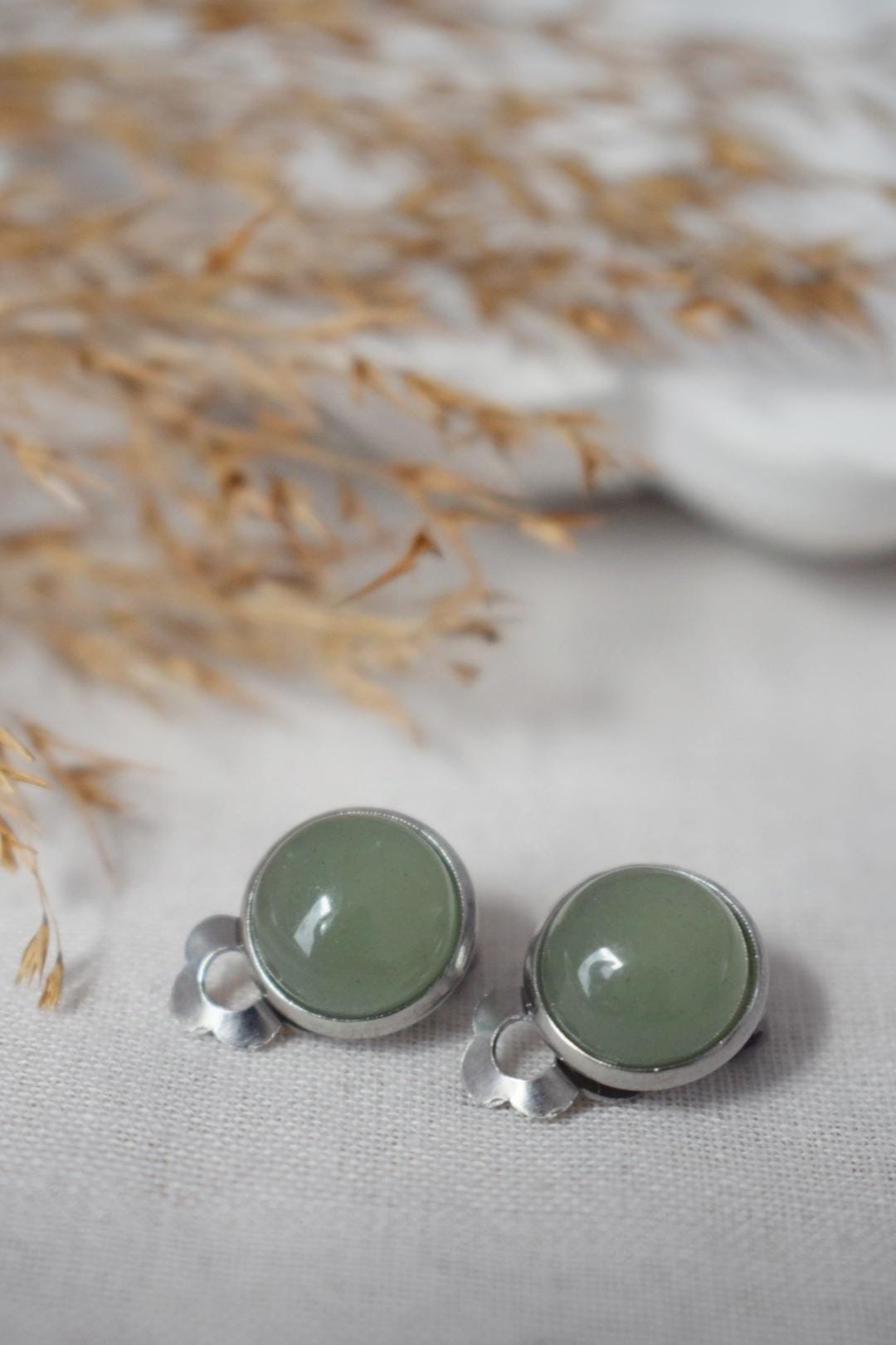 Green aventurine clip on earrings for women, Small gemstone ear clips, Surgical stainless steel, Natural stone, Non pierced jewelry, Gift