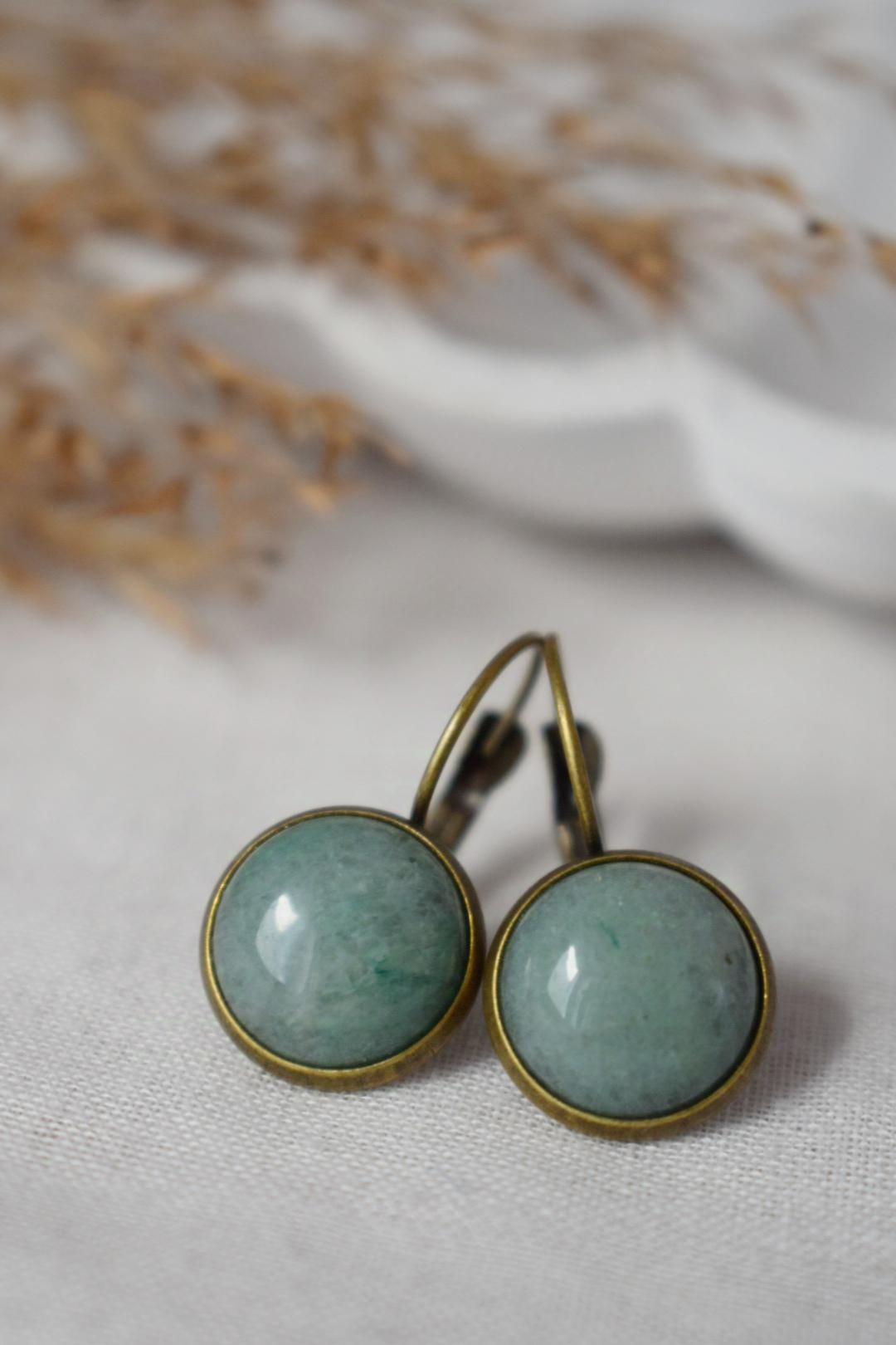 Green aventurine vintage earrings, Gemstone, Round, Green stone, Dangle, Antique bronze, Lever back, Aventurine jewelry, Hanging earrings