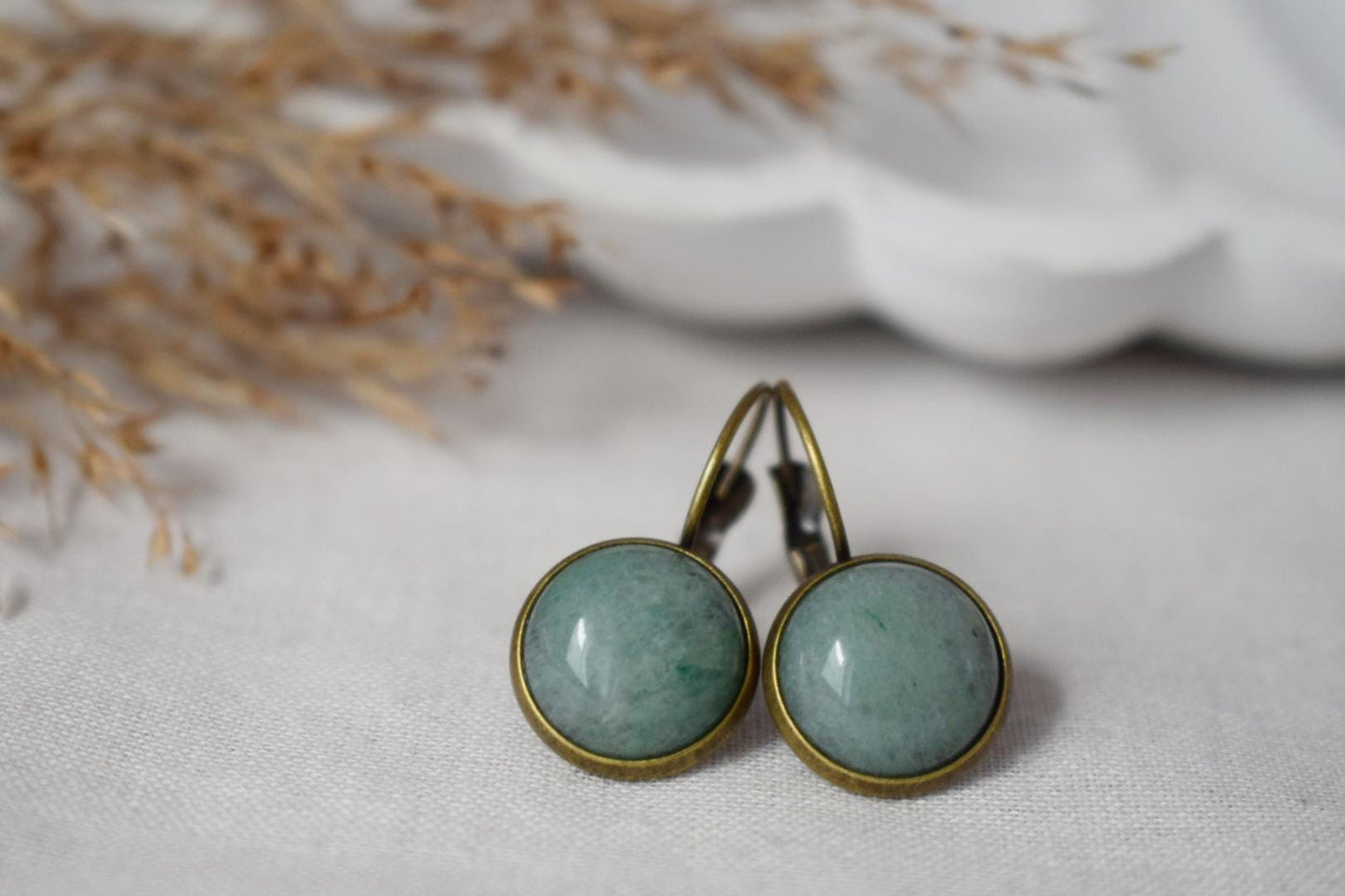 Green aventurine vintage earrings, Gemstone, Round, Green stone, Dangle, Antique bronze, Lever back, Aventurine jewelry, Hanging earrings