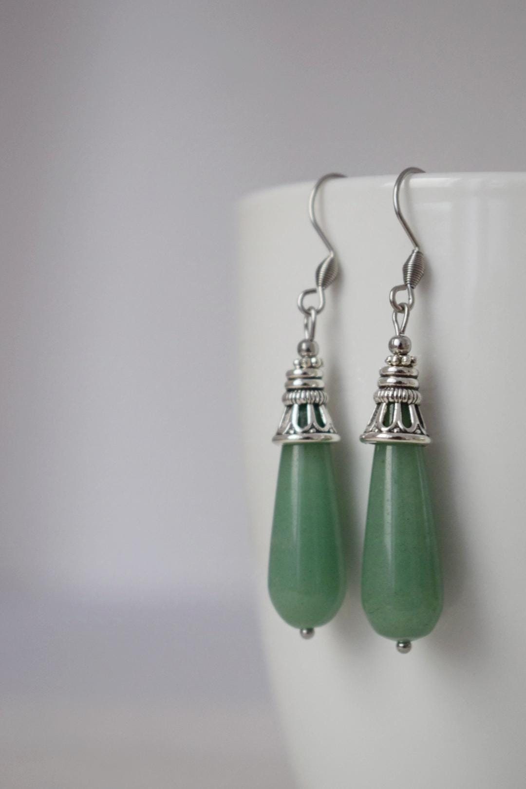 Aventurine dangle earrings, Long teardrop earrings, Green gemstone drop earrings, Boho hanging earrings, Natural aventurine jewelry