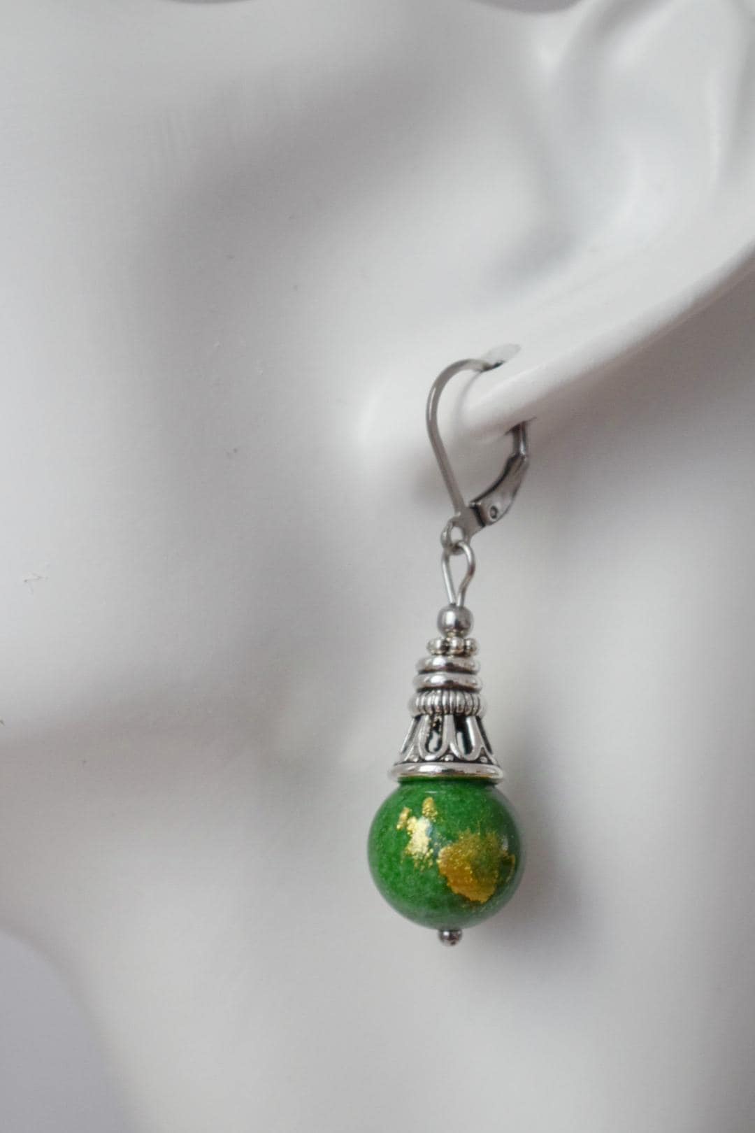 Green jade earrings, Boho gemstone hoop earrings, Vintage dangle and drop earrings, Unique bohemian jewelry, Gift for women