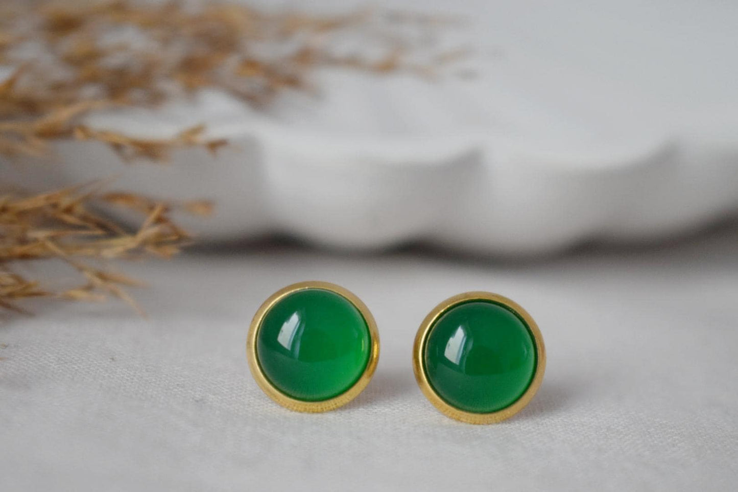 Green agate stud earrings, Small gemstone push back earrings, 18k gold plated stainless steel jewelry, Gift for her