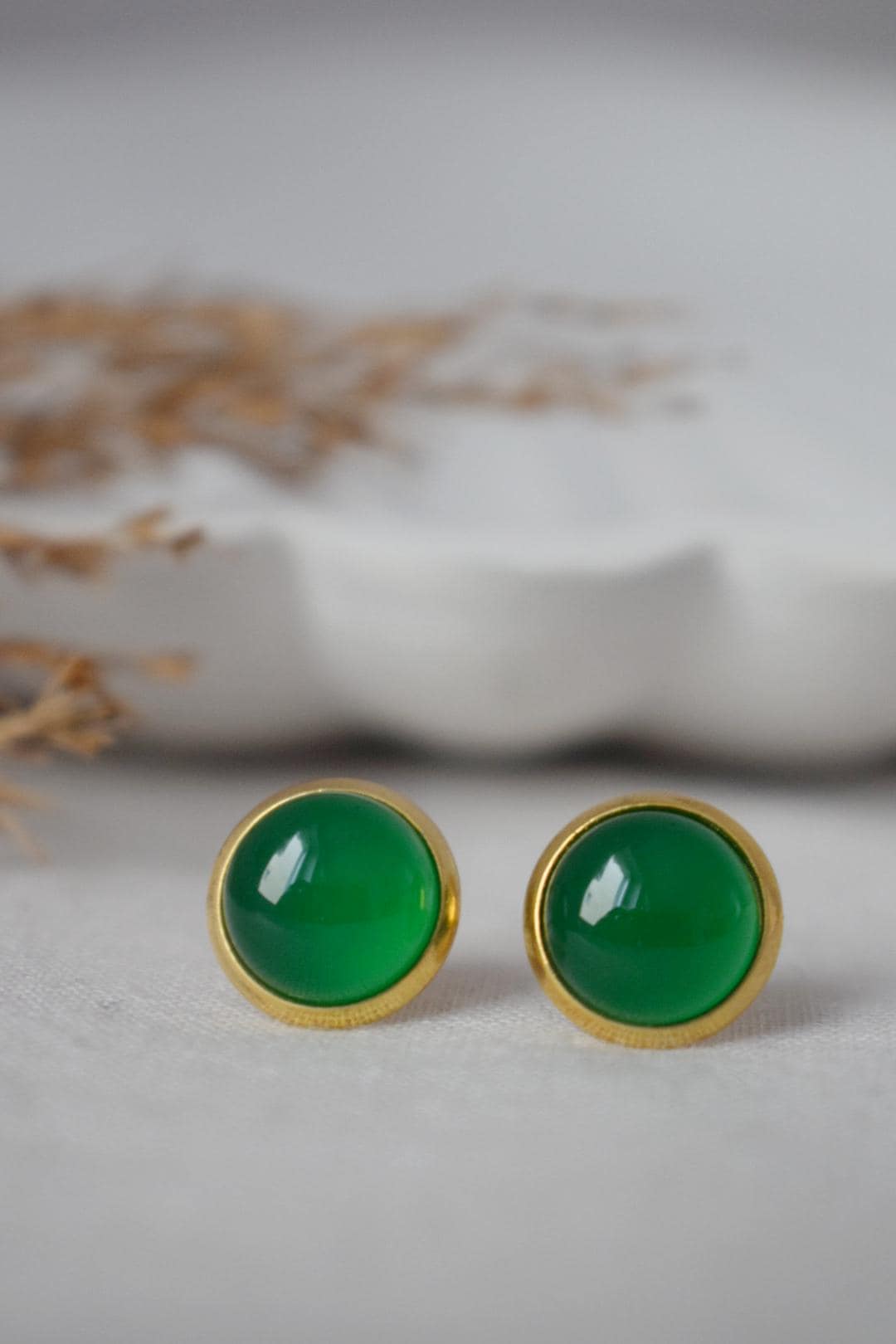 Green agate stud earrings, Small gemstone push back earrings, 18k gold plated stainless steel jewelry, Gift for her