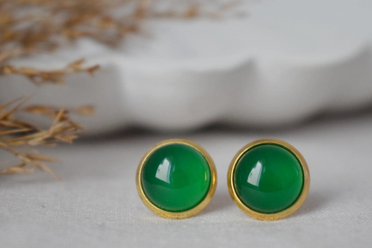 Green agate stud earrings, Small gemstone push back earrings, 18k gold plated stainless steel jewelry, Gift for her