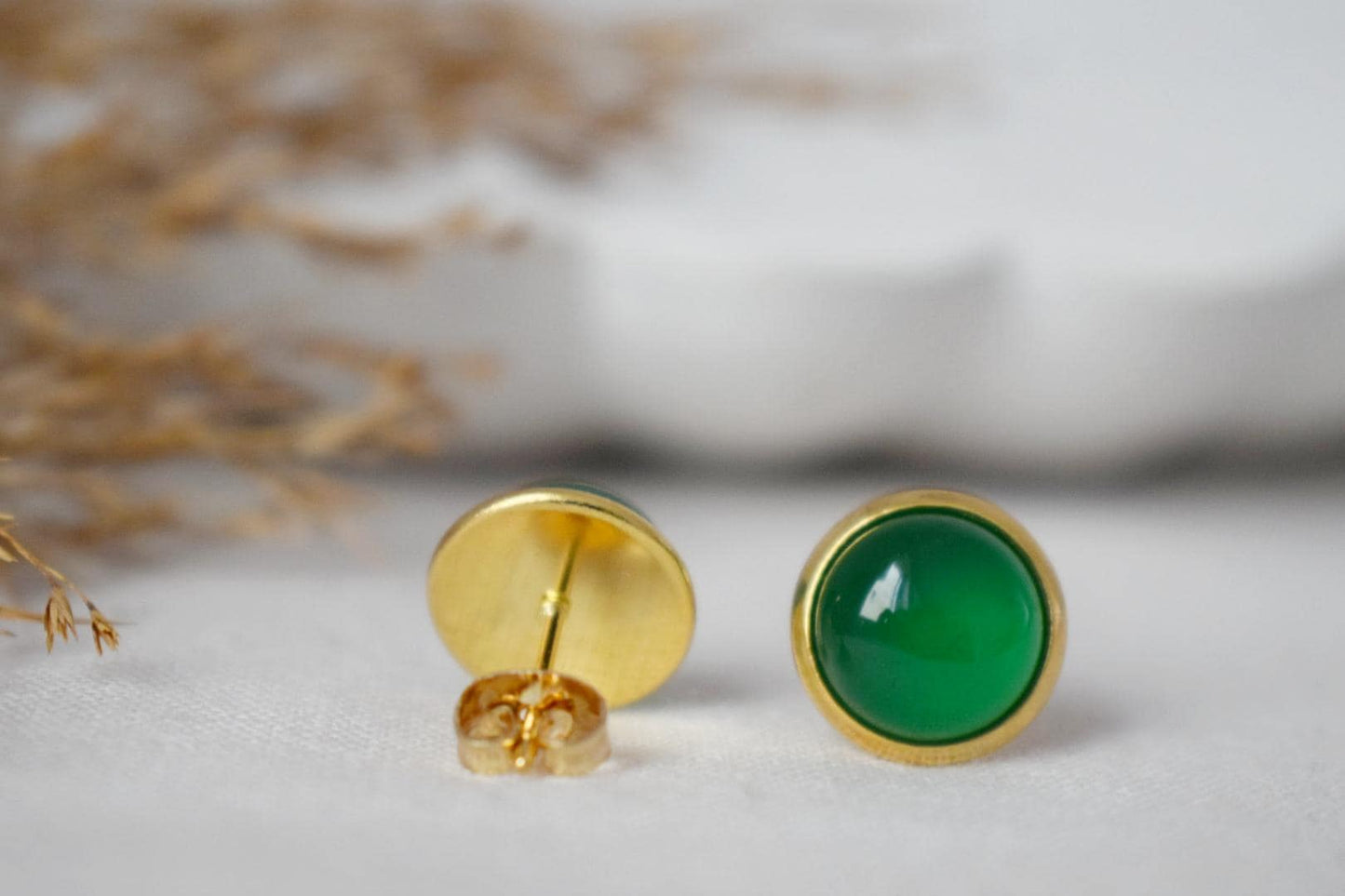 Green agate stud earrings, Small gemstone push back earrings, 18k gold plated stainless steel jewelry, Gift for her