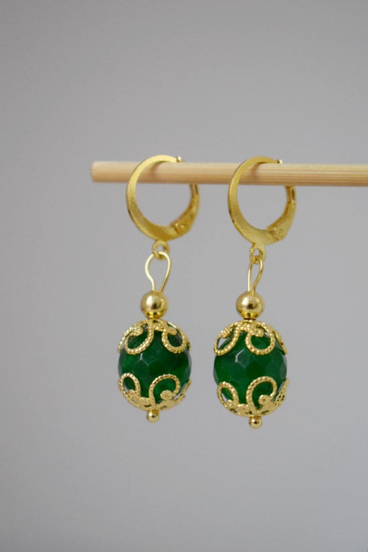 Ornamental Green Jade Earrings, Boho huggie hoops, Gemstone faceted ball earrings, Lightweight bohemian golden jewelry, Unique gift for her