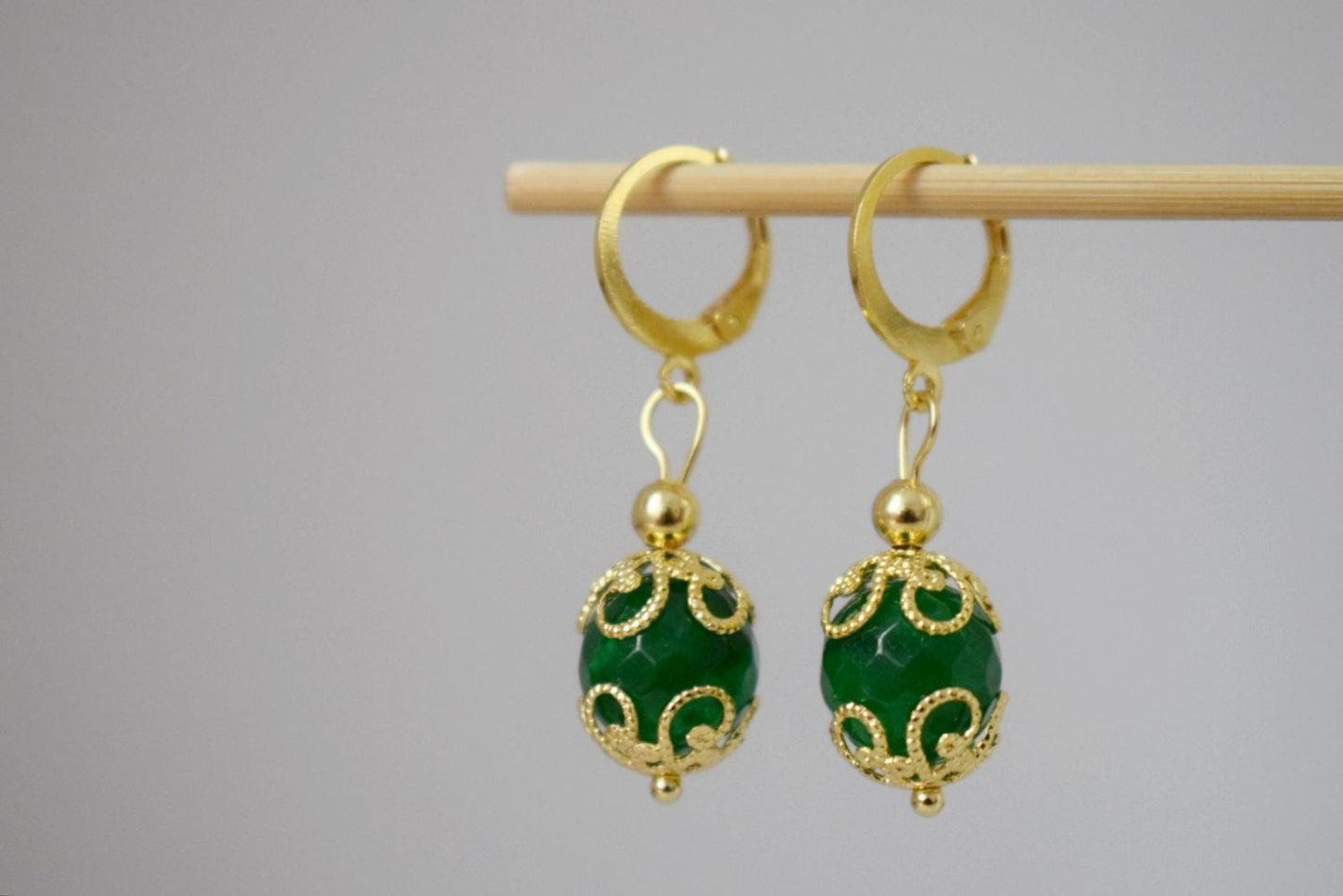 Ornamental Green Jade Earrings, Boho huggie hoops, Gemstone faceted ball earrings, Lightweight bohemian golden jewelry, Unique gift for her