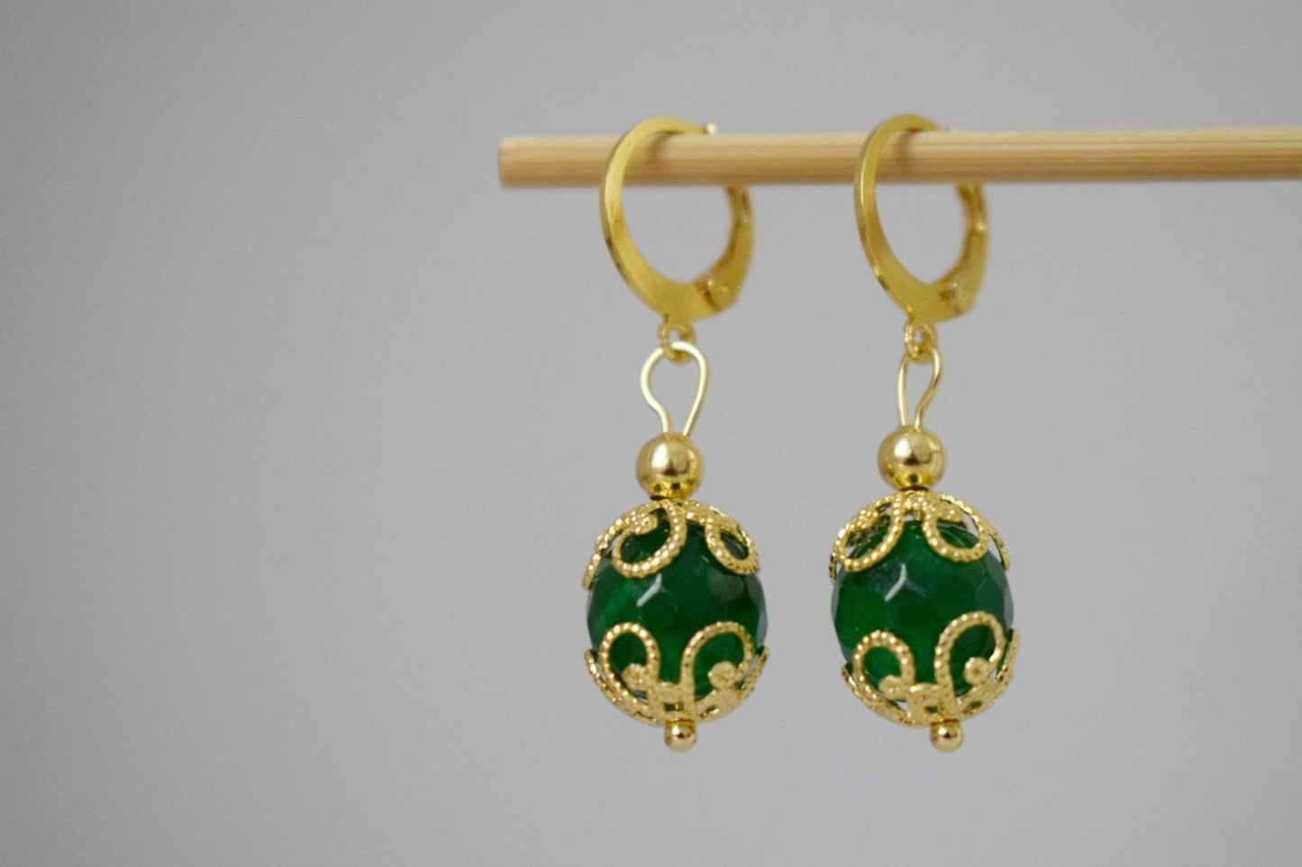 Ornamental Green Jade Earrings, Boho huggie hoops, Gemstone faceted ball earrings, Lightweight bohemian golden jewelry, Unique gift for her