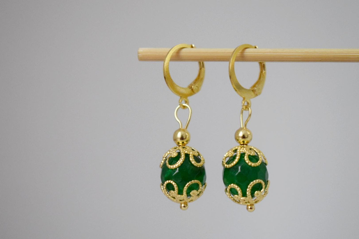 Ornamental Green Jade Earrings, Boho huggie hoops, Gemstone faceted ball earrings, Lightweight bohemian golden jewelry, Unique gift for her