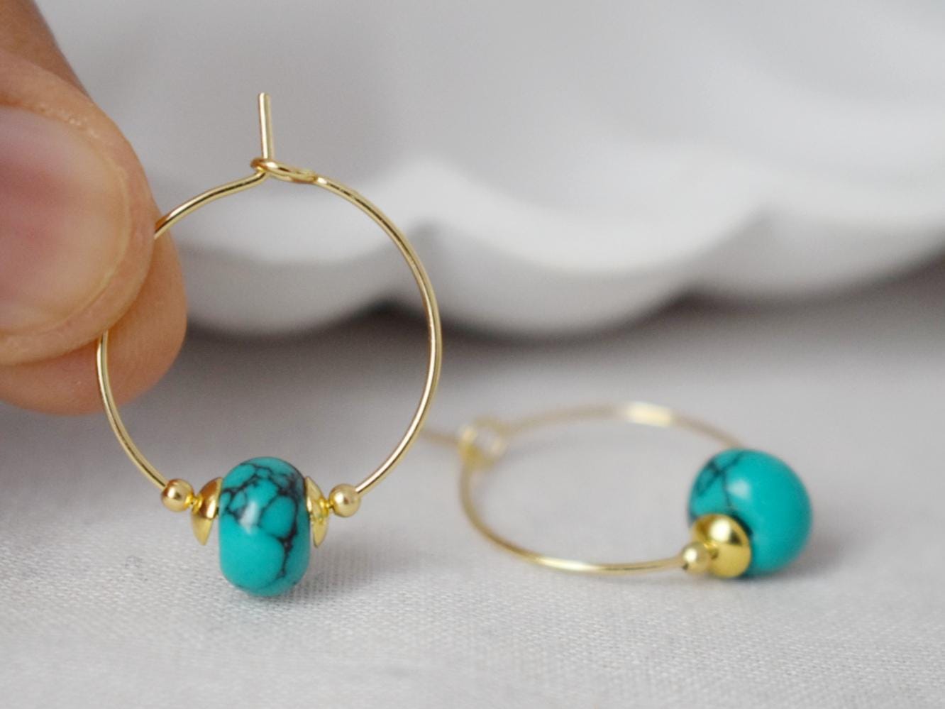 Turquoise hoop earrings, Minimalist gemstone hoops, Turquoise beads, 18k Gold plated stainless steel, Handmade jewelry, Gift for her