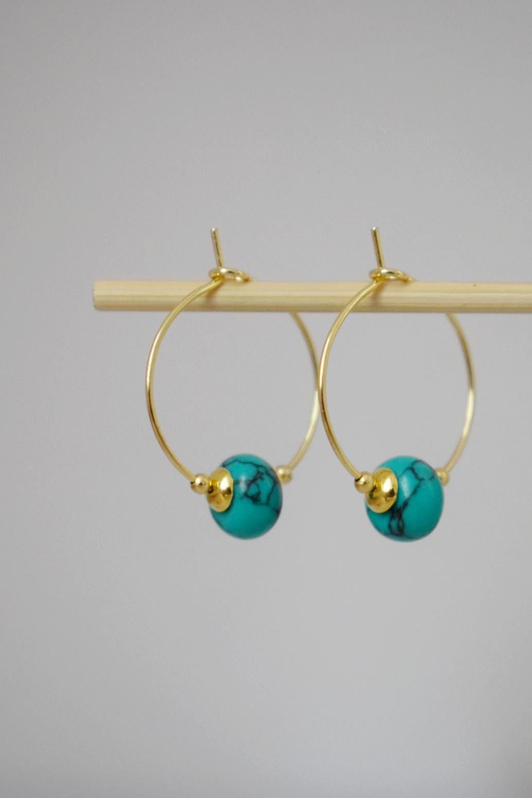 Turquoise hoop earrings, Minimalist gemstone hoops, Turquoise beads, 18k Gold plated stainless steel, Handmade jewelry, Gift for her