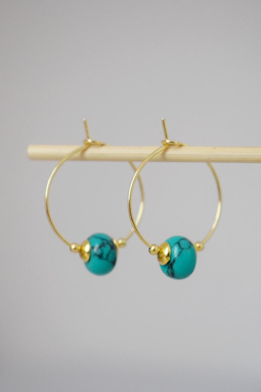Turquoise hoop earrings, Minimalist gemstone hoops, Turquoise beads, 18k Gold plated stainless steel, Handmade jewelry, Gift for her