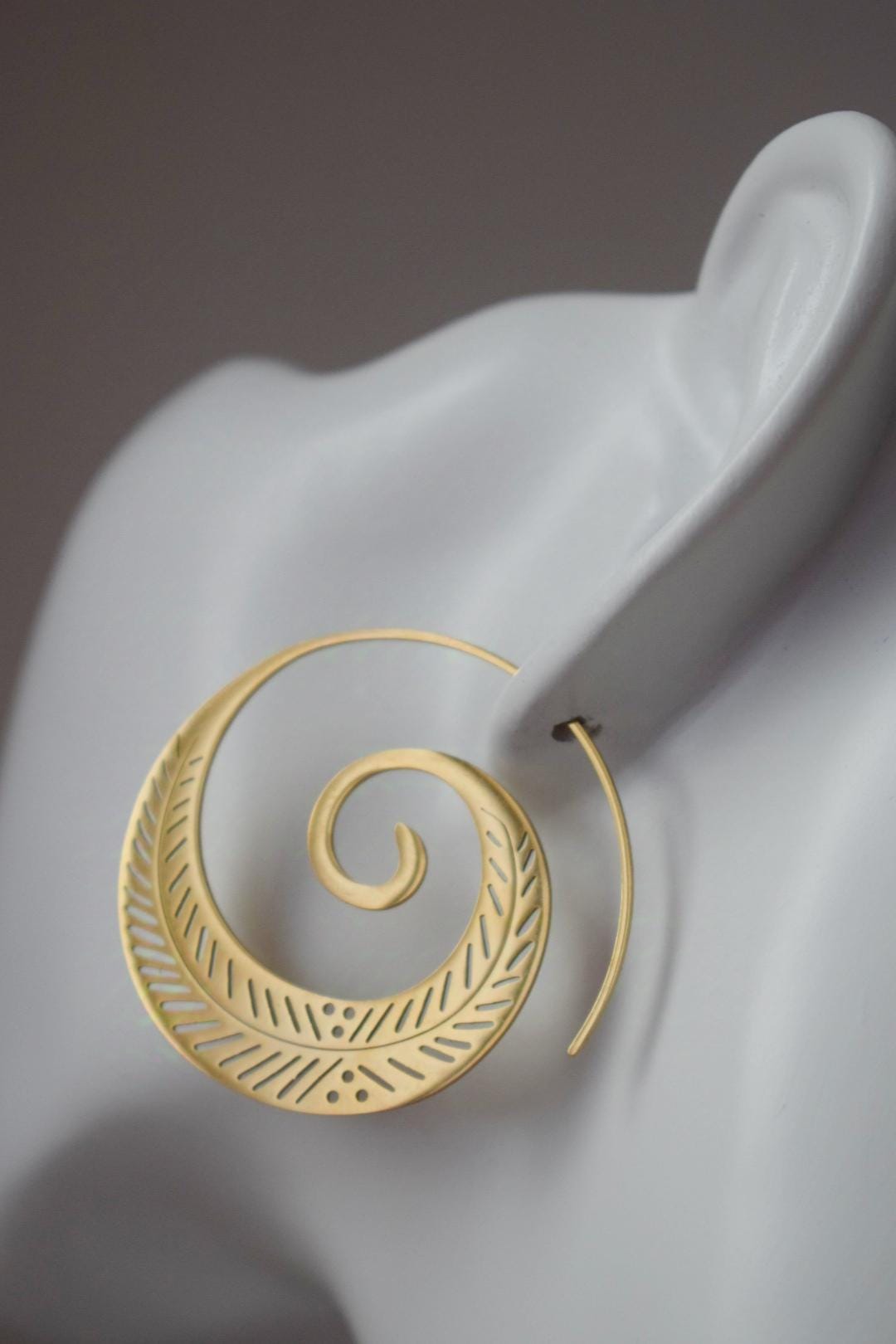 Ornament spiral hoop earrings for women, Vortex golden earrings, Stainless steel earrings, Boho filigree jewelry, Unique gift for her