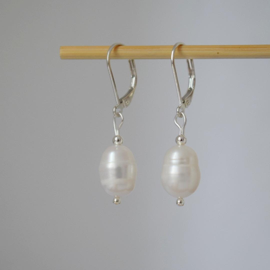 Freshwater Pearl Earrings, Sterling Silver Huggie Hoops, Simple Pearl Wedding Earrings, Lightweight Minimalist Jewelry, Bridesmaid Gift