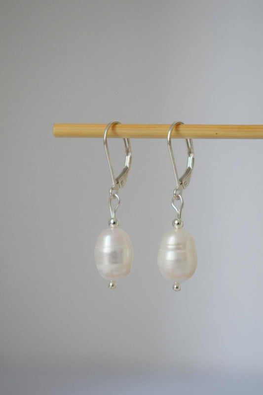 Freshwater Pearl Earrings, Sterling Silver Huggie Hoops, Simple Pearl Wedding Earrings, Lightweight Minimalist Jewelry, Bridesmaid Gift