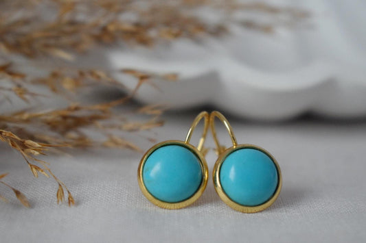 Turquoise earrings dangle, Round Blue Gemstone, 18k gold plated stainless steel, Lightweight earrings, Boho Jewelry women, Gift For Her