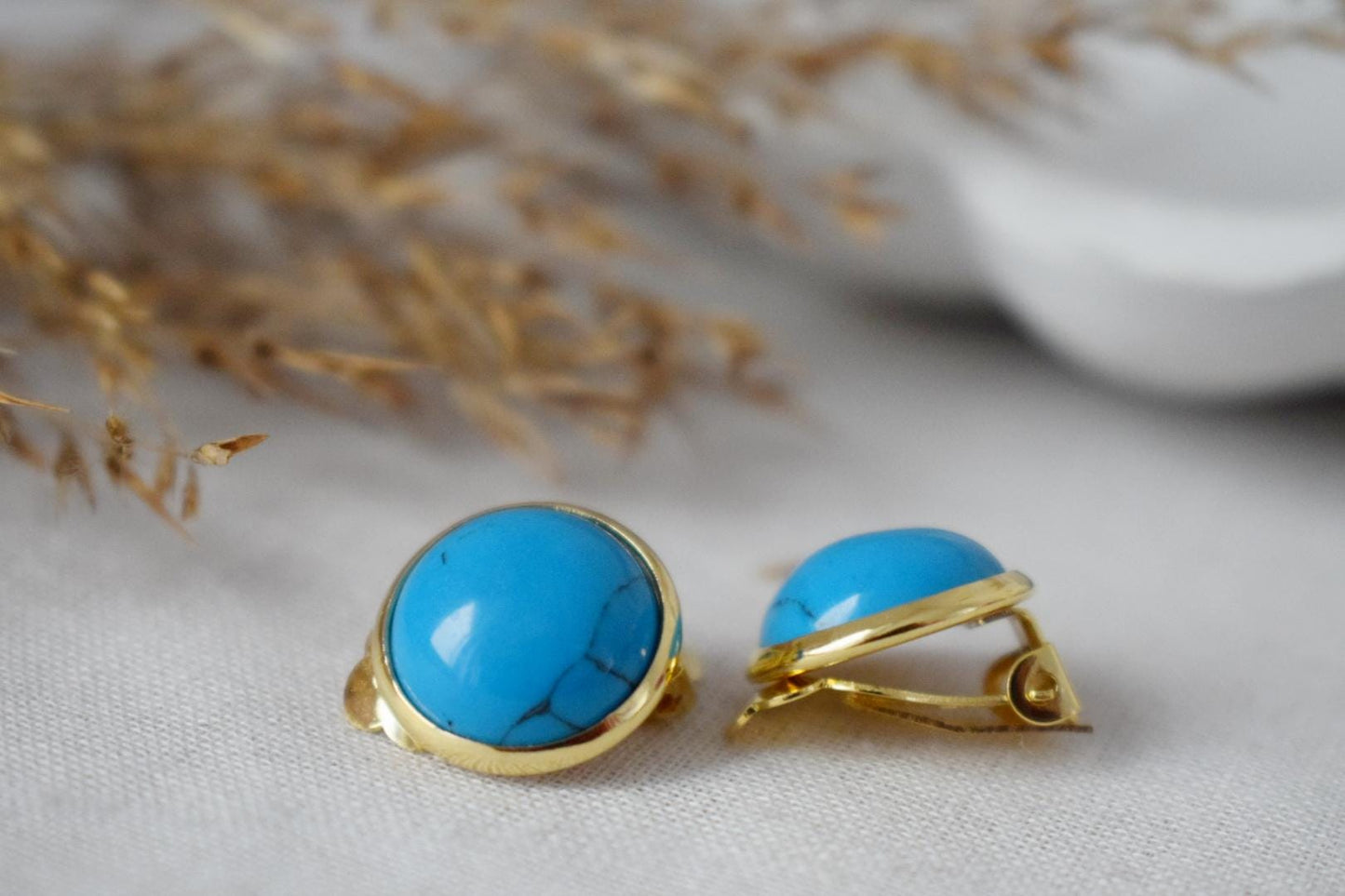 Turquoise clip on earrings, Blue gemstone ear clips, Turquoise jewelry, Non pierced earrings, No hole earrings, Handmade jewelry gift